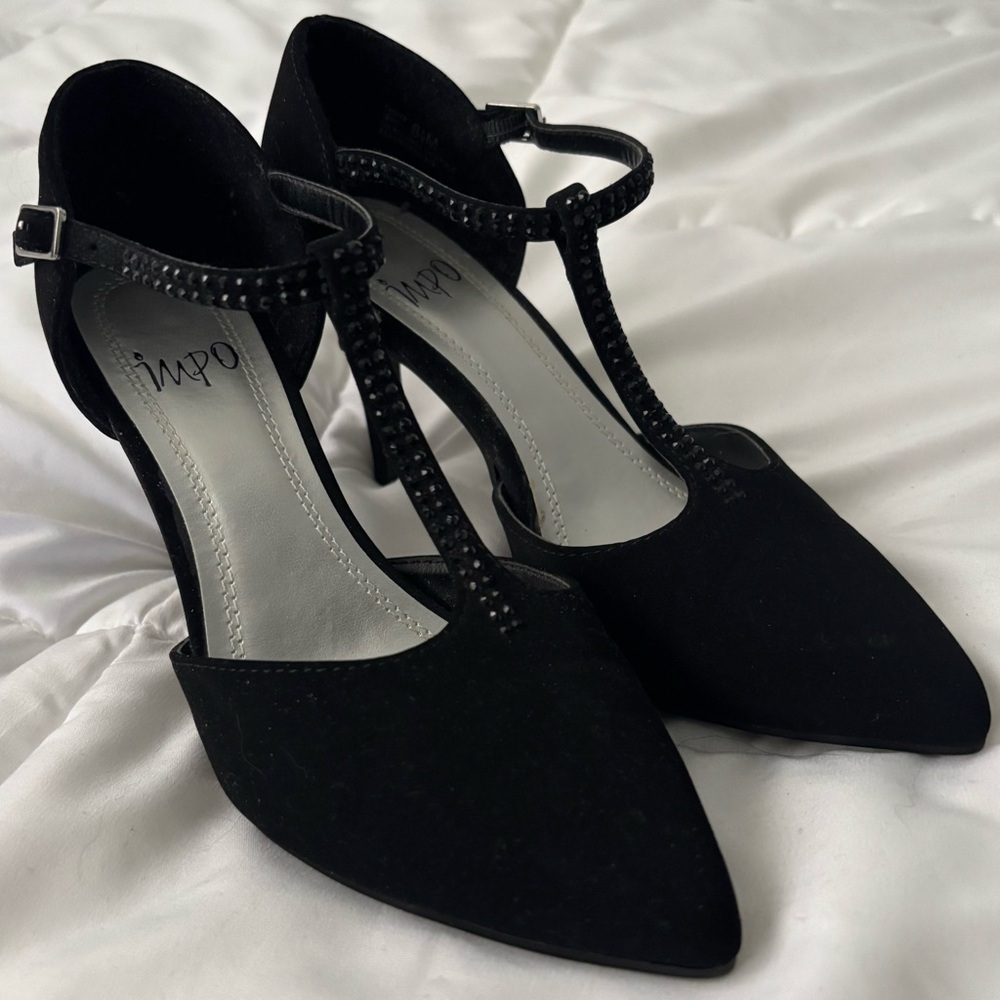 Impo Black T-Strap Heels with Studded Detail